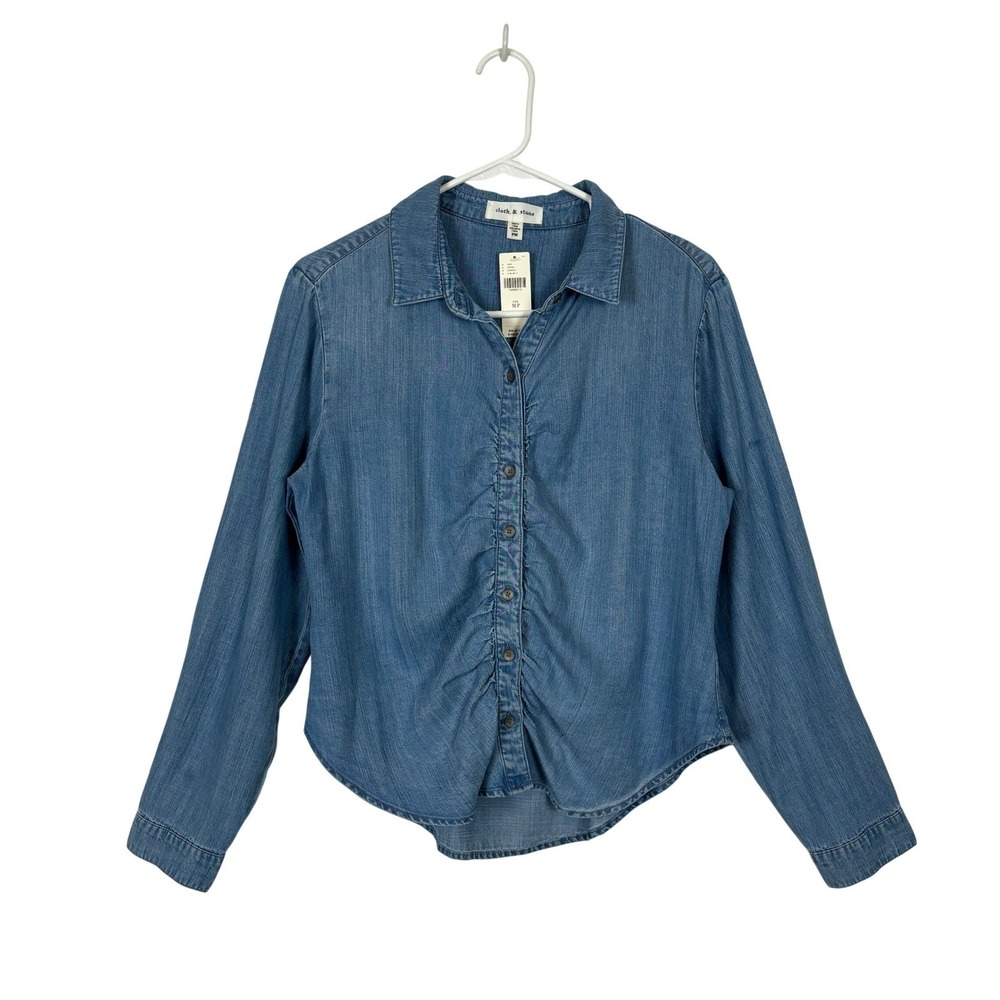 Cloth & Stone Button Down Shirt Blue Tencel Ruched Front Denim Womens Petite M